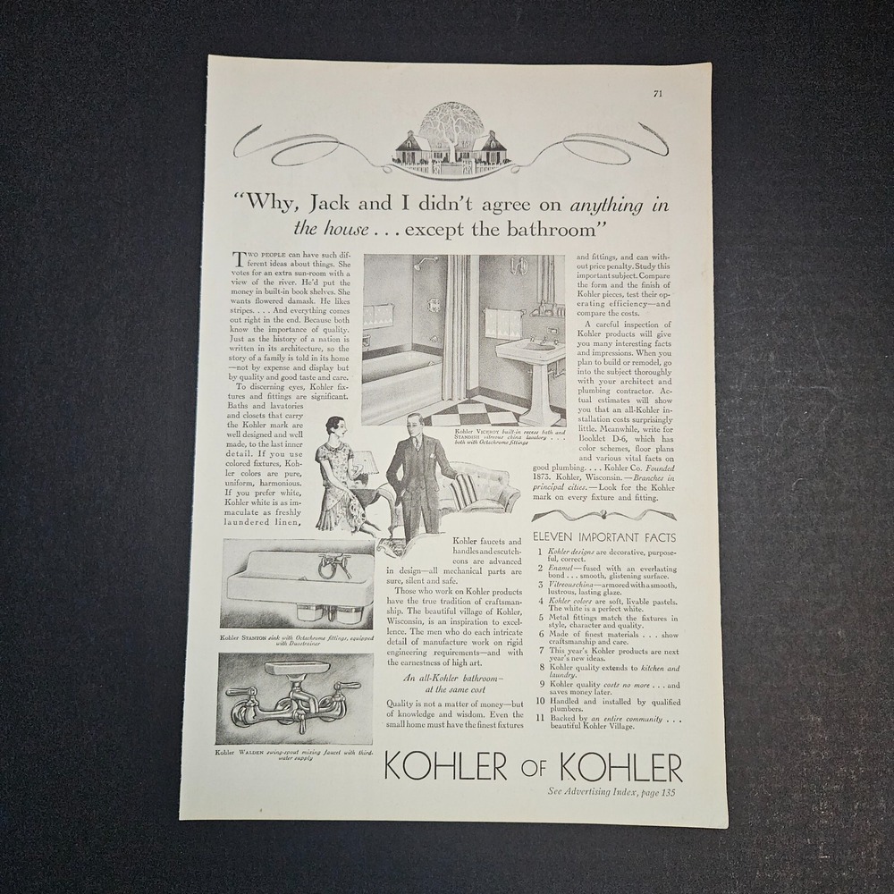 1930‎ Kohler Bathroom Fixtures Black & White Full Page Vintage Print Magazine Ad